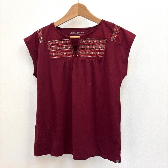 Eddie Bauer Tribal Embroidered Cotton Cap Sleeve T-shirt Boho Maroon Wine XS NEW - Picture 10 of 10